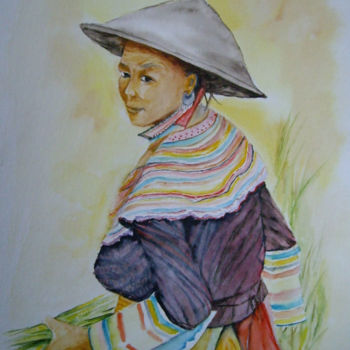 Schilderij getiteld "Agricultrice Vietna…" door Marie Celestin, Origineel Kunstwerk, Aquarel