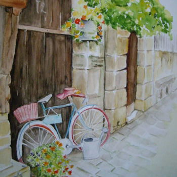 Painting titled "Bicyclette rue du P…" by Marie Celestin, Original Artwork, Watercolor
