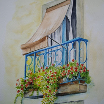Peinture intitulée "Balcon fleuri" par Marie Celestin, Œuvre d'art originale, Aquarelle