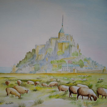 Painting titled "Les moutons au Mont…" by Marie Celestin, Original Artwork, Watercolor