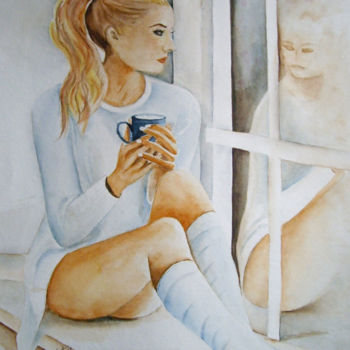 Painting titled "Adelina boit son thé" by Marie Celestin, Original Artwork, Watercolor