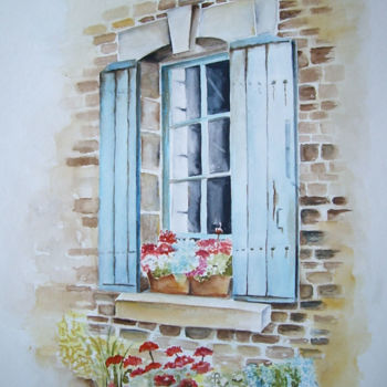 Peinture intitulée "Fenêtre fleurie aux…" par Marie Celestin, Œuvre d'art originale, Aquarelle