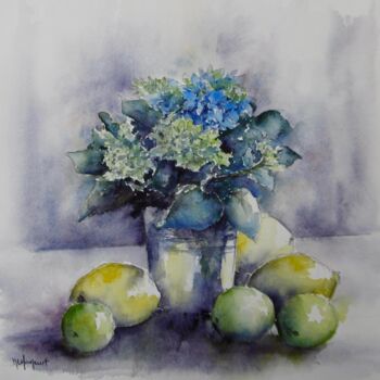 Painting titled "Hortensia et citron…" by Marie-Charlotte Houpeurt-Chauffeté, Original Artwork, Watercolor