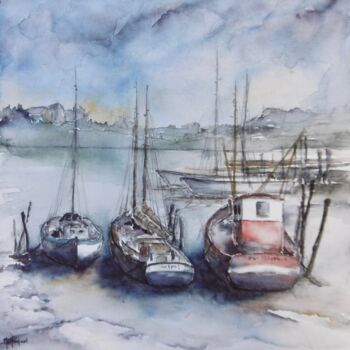 Painting titled "Bateaux à marée bas…" by Marie-Charlotte Houpeurt-Chauffeté, Original Artwork, Watercolor