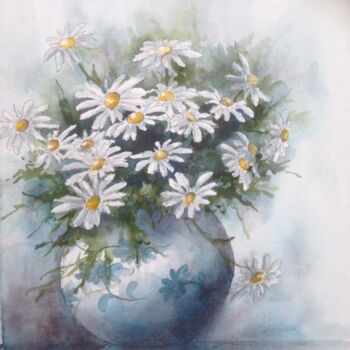 Malerei mit dem Titel "Marguerites et vase…" von Marie-Charlotte Houpeurt-Chauffeté, Original-Kunstwerk, Aquarell