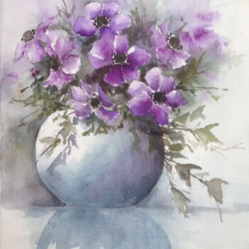 Painting titled "Anémones roses et r…" by Marie-Charlotte Houpeurt-Chauffeté, Original Artwork, Watercolor