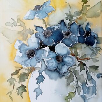 Peinture intitulée "Anémones bleues" par Marie-Charlotte Houpeurt-Chauffeté, Œuvre d'art originale, Aquarelle Monté sur Châs…
