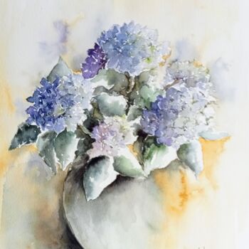 Schilderij getiteld "Hortensia bleu" door Marie-Charlotte Houpeurt-Chauffeté, Origineel Kunstwerk, Aquarel