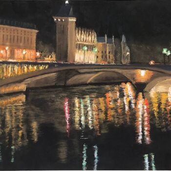 Painting titled "Paris by night "Pon…" by Marie-Christine Rivel, Original Artwork, Pastel