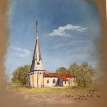 Картина под названием "Eglise Saint Martin…" - Marie-Christine Rivel, Подлинное произведение искусства, Пастель
