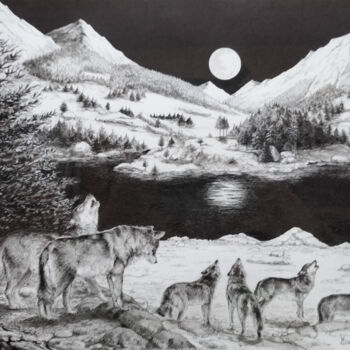 Disegno intitolato "Meute de loups" da Marie-Claude Guérineau, Opera d'arte originale, Inchiostro