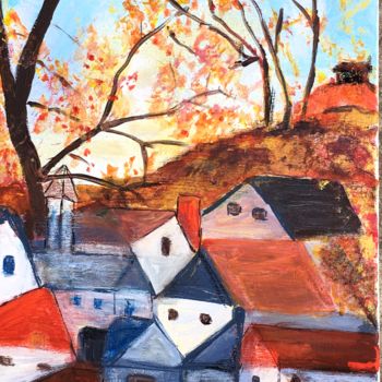 Картина под названием "Mon village en roug…" - Marie Claude Lambert, Подлинное произведение искусства, Акрил