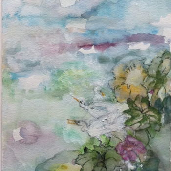 Pintura titulada "Aigrettes et fleurs…" por Marie Claude Lambert, Obra de arte original, Acuarela