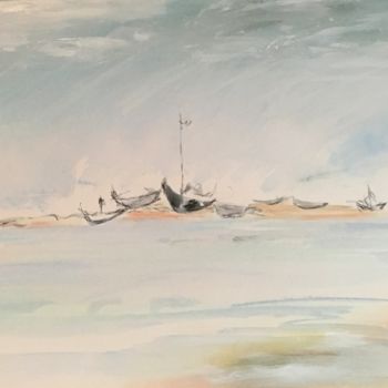 Painting titled "Plumes sur la mer..." by Marie Claude Lambert, Original Artwork, Watercolor