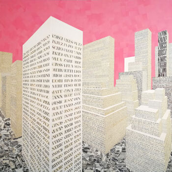 Collages titled "88 Pine Street, NY" by Marie De Moliner, Original Artwork, Collages Mounted on Wood Stretcher frame
