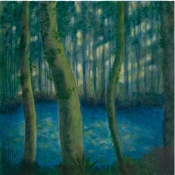 Pittura intitolato "Forêt et étang" da Marie-Evelyne, Opera d'arte originale, Olio Montato su Telaio per barella in legno