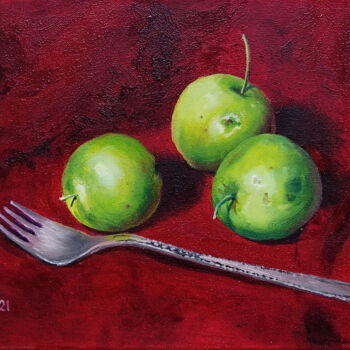 Painting titled "Oil etude 'Green ap…" by Marie Faleeva, Original Artwork, Oil Mounted on Wood Stretcher frame