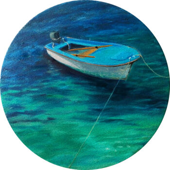 Painting titled "Blue boat" by Marie Faleeva, Original Artwork, Oil Mounted on Wood Stretcher frame