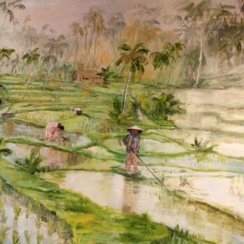 Painting titled "Rizière à Bali" by Marie Feougier, Original Artwork, Oil Mounted on Wood Stretcher frame