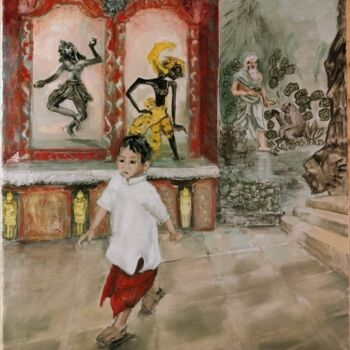 Painting titled "L'enfant au temple" by Marie Feougier, Original Artwork, Oil Mounted on Wood Stretcher frame