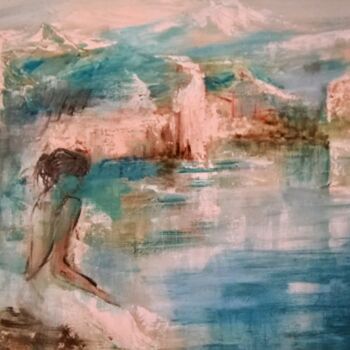 Картина под названием "La rêveuse du lac" - Marie Feougier, Подлинное произведение искусства, Масло Установлен на Деревянная…
