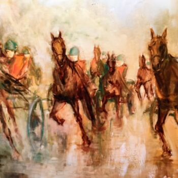 Painting titled "A L'hippodrome" by Marie Feougier, Original Artwork, Oil Mounted on Wood Stretcher frame