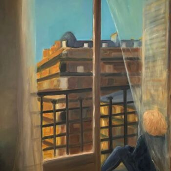 Painting titled "Le balcon" by Marie France Garrigues, Original Artwork, Oil Mounted on Wood Stretcher frame
