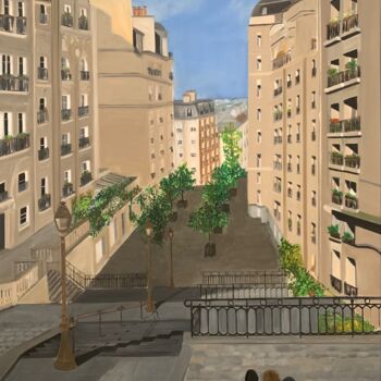 Painting titled "Rue du Mont-Cenis -…" by Marie France Garrigues, Original Artwork, Oil Mounted on Wood Stretcher frame