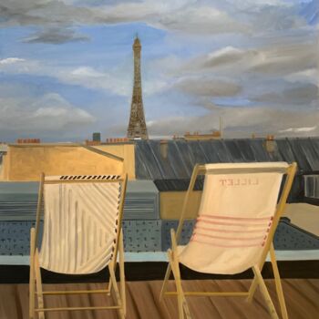 Painting titled "Un soir à Paris" by Marie France Garrigues, Original Artwork, Oil Mounted on Wood Stretcher frame