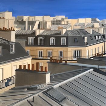 Malerei mit dem Titel "Vue sur les toits (…" von Marie France Garrigues, Original-Kunstwerk, Öl Auf Keilrahmen aus Holz mont…