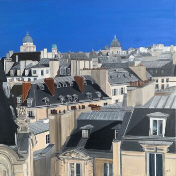 Painting titled "Vue sur les toits (…" by Marie France Garrigues, Original Artwork, Oil Mounted on Wood Stretcher frame