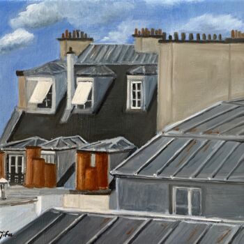 Painting titled "balade sur les toit…" by Marie France Garrigues, Original Artwork, Oil Mounted on Wood Stretcher frame