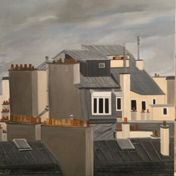 Painting titled "Vue sur les toits (…" by Marie France Garrigues, Original Artwork, Oil Mounted on Wood Stretcher frame