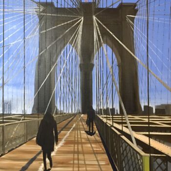 Schilderij getiteld "Le Brooklyn bridge" door Marie France Garrigues, Origineel Kunstwerk, Olie Gemonteerd op Frame voor hou…
