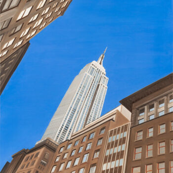 Painting titled "L'Empire State Buil…" by Marie France Garrigues, Original Artwork, Oil Mounted on Wood Stretcher frame