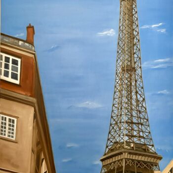 Painting titled "Paris street view" by Marie France Garrigues, Original Artwork, Oil Mounted on Wood Stretcher frame