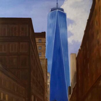 Painting titled "Le WTC" by Marie France Garrigues, Original Artwork, Oil Mounted on Wood Stretcher frame