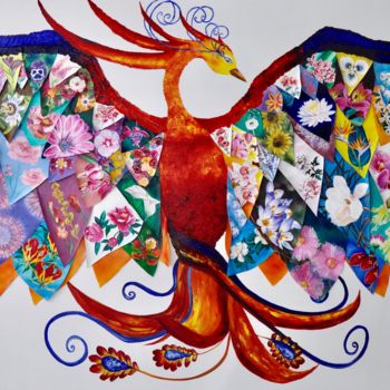 Painting titled "The Flower Phoenix" by Marie-Jose Ged, Original Artwork, Oil Mounted on Wood Stretcher frame