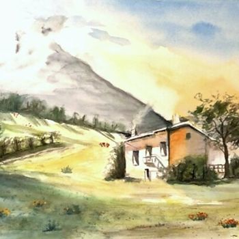 Pittura intitolato "Refuge de montagne" da Marie-José Longuet, Opera d'arte originale, Acquarello