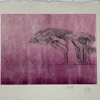 Gravures & estampes intitulée "Les pins roses II" par Marie-Laure Breton, Œuvre d'art originale, Gravure
