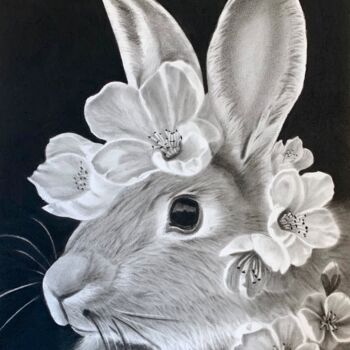 Drawing titled "Lapin fleuri" by Marie-Laure Breton, Original Artwork, Conté