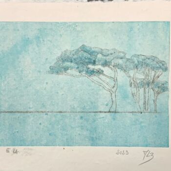 Printmaking titled "Les pins turquoises" by Marie-Laure Breton, Original Artwork, Engraving