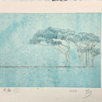 Gravures & estampes intitulée "Les pins turquoises" par Marie-Laure Breton, Œuvre d'art originale, Gravure