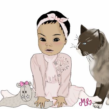 Dessin intitulée "Bébé et son chat" par Laurette, Œuvre d'art originale, Photographie numérique