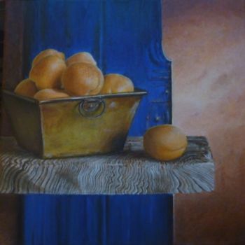 Peinture intitulée "Corbeille d'abricots" par Marie-Noëlle Amiot, Œuvre d'art originale, Huile