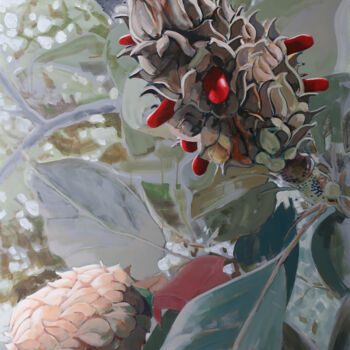 Malarstwo zatytułowany „Graines, magnolia” autorstwa Marie-Odile Ginies, Oryginalna praca, Akryl Zamontowany na Drewniana ra…
