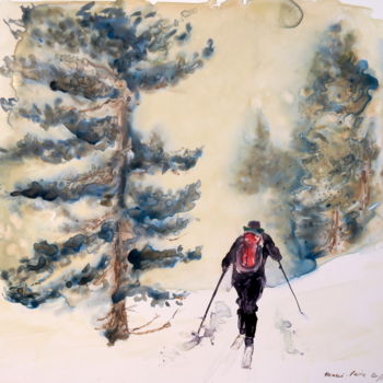Painting titled "Rando à ski" by Marie-Pierre Coiffard, Original Artwork, Watercolor