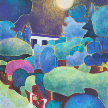 Pintura titulada "La lune et le jardi…" por Marie-Pierre Autonne, Obra de arte original, Oleo Montado en Panel de madera