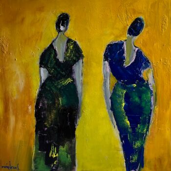 Painting titled "Duo sur fond jaune" by Marie Rouach, Original Artwork, Acrylic Mounted on Wood Stretcher frame