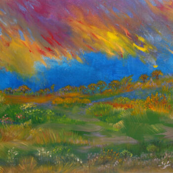 Pintura intitulada "Paysage au ciel vio…" por Marie-Sophie Ewreïnoff (Sofi Ewreïnoff), Obras de arte originais, Acrílico